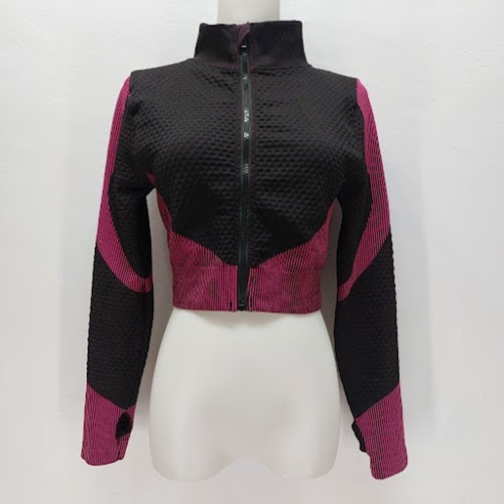 Daisy Full Zip Cropped Jacket Women's Large Black Magenta Honeycomb Knit Active